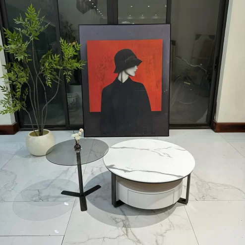 Bàn trà tròn mặt đá kết hợp bàn phụ nhập khẩu hiện đại B-3033 An Phát Home