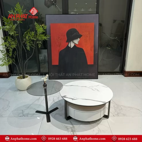 Bàn trà tròn mặt đá kết hợp bàn phụ nhập khẩu hiện đại B-3033 An Phát Home