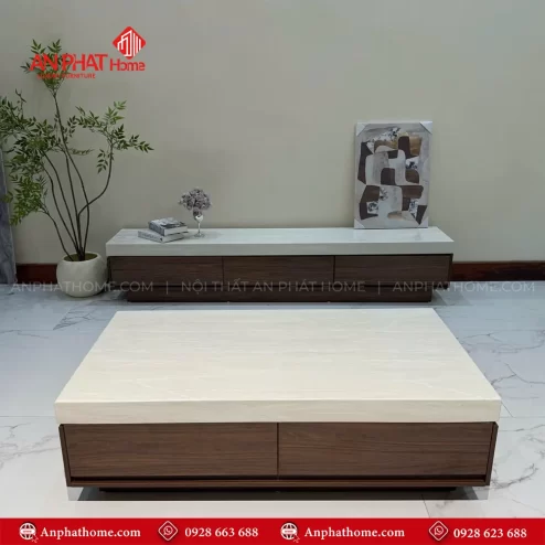 Bộ bàn kệ tivi gỗ óc chó mặt đá cẩm thạch B-2966 An Phát Home