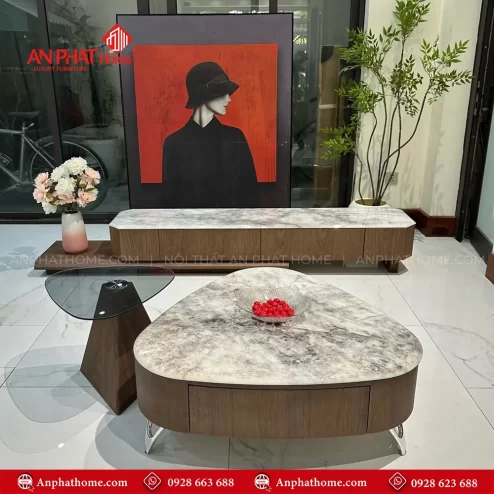 Combo bàn trà kệ tivi gỗ óc chó kết hợp mặt đá kim sa B-3000 An Phát Home