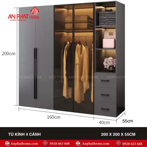 Mẫu tủ đựng quần áo kết hợp tủ kệ trang trí đẹp