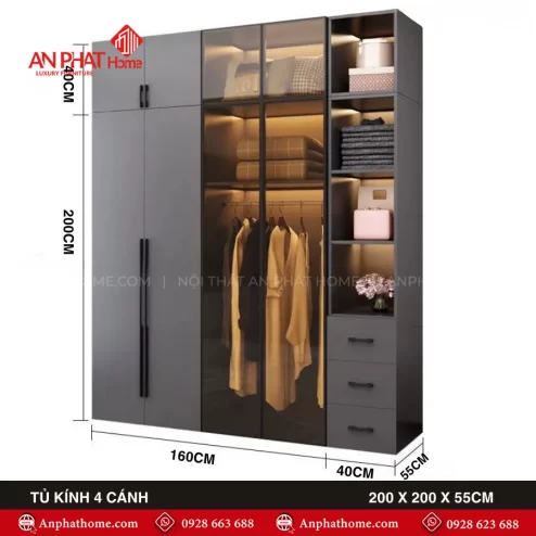 Tủ quần áo cánh kính khung gỗ