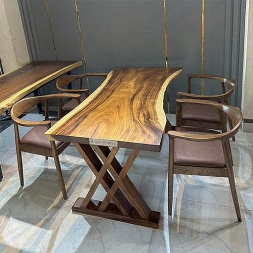 Bàn ăn gỗ me tây nguyên khối 4 ghế cao cấp BA-3019
