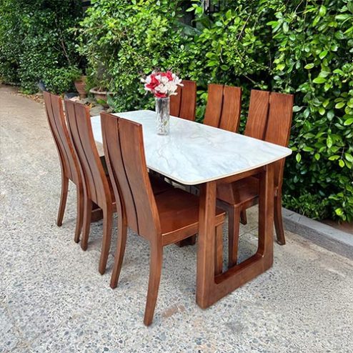 Bàn ăn gỗ sồi sơn màu gỗ óc chó mặt đá BA-2098