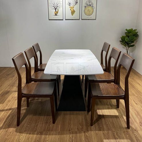 Bàn ăn mặt đá ceramic kết hợp ghế gỗ sồi hiện đại BA-3024