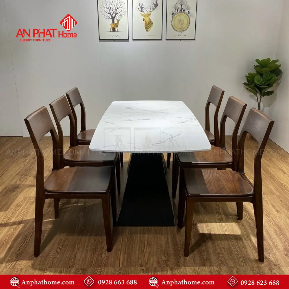 Bàn ăn mặt đá ceramic kết hợp ghế gỗ sồi hiện đại BA-3024 3 Bàn ăn mặt đá ceramic kết hợp ghế gỗ sồi hiện đại BA-3024, quý khách có thể lựa chọn kích thước bàn từ dài 1m20 – 1m80 hoặc lớn hơn, để phù hợp với nhu cầu sử dụng, Bộ bàn 1m20 sẽ đi kèm 4 ghế, bàn 1m40 – 1m60 – 1m80 đi kèm 6 ghế theo bộ, Ngoài da có thể đặt mua thêm số lượng ghế ngồi để phù hợp với nhu cầu sử dụng.