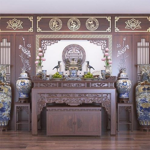 Bàn Thờ Đẹp Hiện Đại Kết Hợp Vách Ốp Phòng Thờ BT-2419