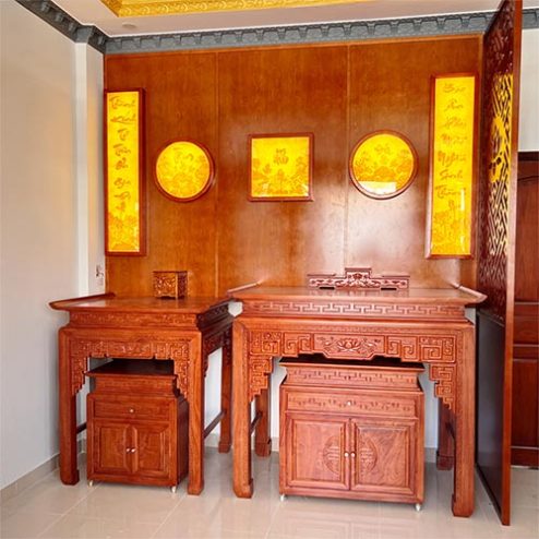 Bàn Thờ Gia Tiên Kết Hợp Bàn Thờ Phật Gỗ Gõ Đỏ BT-2563