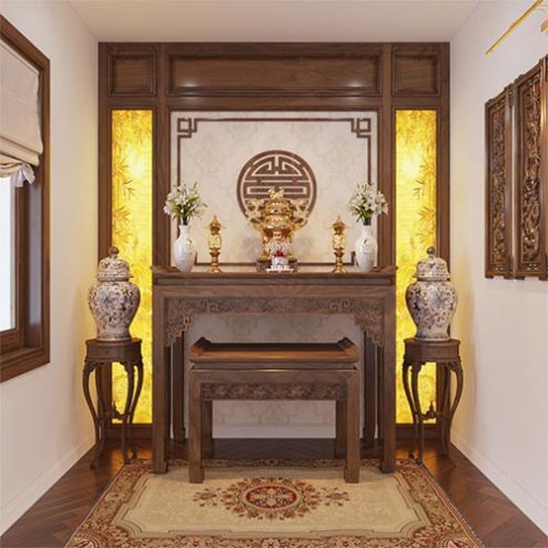 Bàn Thờ Hiện Đại Kết Hợp Vách Ốp Và Tranh Trúc Chỉ BT-2446