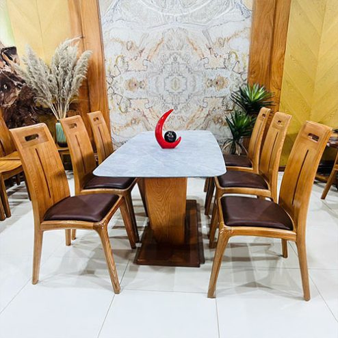 Bộ bàn ăn gỗ sồi nga cao cấp lau màu 6 ghế mặt đá BA-3005