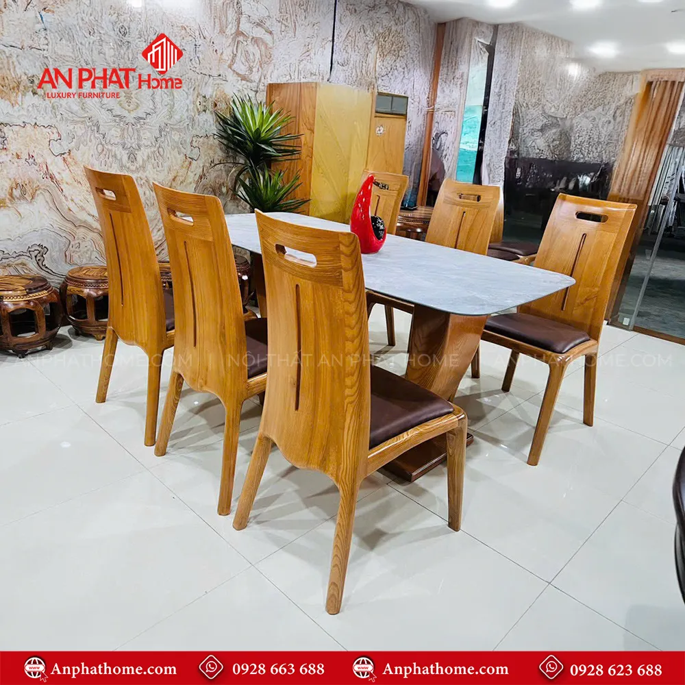 Bộ bàn ăn gỗ sồi nga cao cấp lau màu 6 ghế mặt đá BA-3005 6 Sự kết hợp độc đáo của mẫu bàn và ghế tạo nên sự khác biệt cho mẫu bàn ăn BA-3005, mặt bàn sử dụng đá Ceramic sang trọng