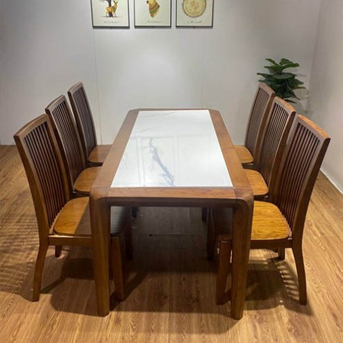 Bộ bàn ăn gỗ sồi nga mặt đá 6 ghế sơn màu óc chó BA-3003