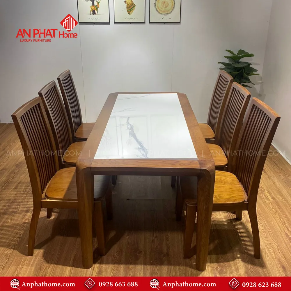 Bộ bàn ăn gỗ sồi nga mặt đá 6 ghế sơn màu óc chó BA-3003 5 Bộ bàn ăn gỗ sồi nga mặt đá 6 ghế sơn màu óc chó BA-3003, quý khách có thể lựa chọn kích thước bàn từ dài 1m20 – 1m80 hoặc lớn hơn, để phù hợp với nhu cầu sử dụng, Bộ bàn 1m20 sẽ đi kèm 4 ghế, bàn 1m40 – 1m60 – 1m80 đi kèm 6 ghế theo bộ, Ngoài da có thể đặt mua thêm số lượng ghế ngồi để phù hợp với nhu cầu sử dụng.