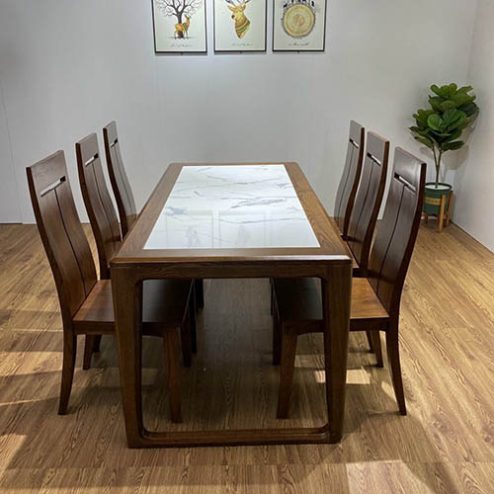 Bộ bàn ghế ăn gỗ sồi sơn màu óc chó cao cấp BA-3006