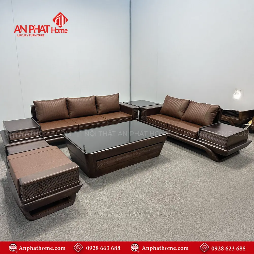 Bộ Bàn Ghế Phòng Khách Sofa Gỗ Sồi Cao Cấp F-1348 10 Sofa gỗ AN PHÁT HOME được thiết kế hiện đại, sang trọng, kết hợp da cao cấp nhập khẩu, chống xẹp lún