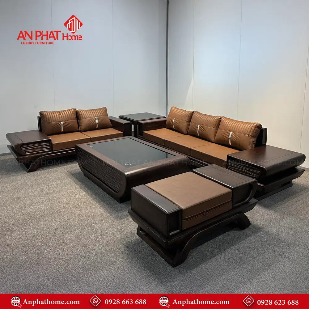 Bộ Bàn Ghế Sofa Gỗ Sồi Cao Cấp, Hiện Đại F-1353 10 Bàn ghế sofa, Bàn ghế gỗ, AN PHÁT HOME, được thiết kế hiện đại, sang trọng, kết hợp bộ đệm da được nhâpk khẩu trực tiếp tại Hàn Quốc, Bộ sofa đẹp sẽ là lình hồn của phòng khách