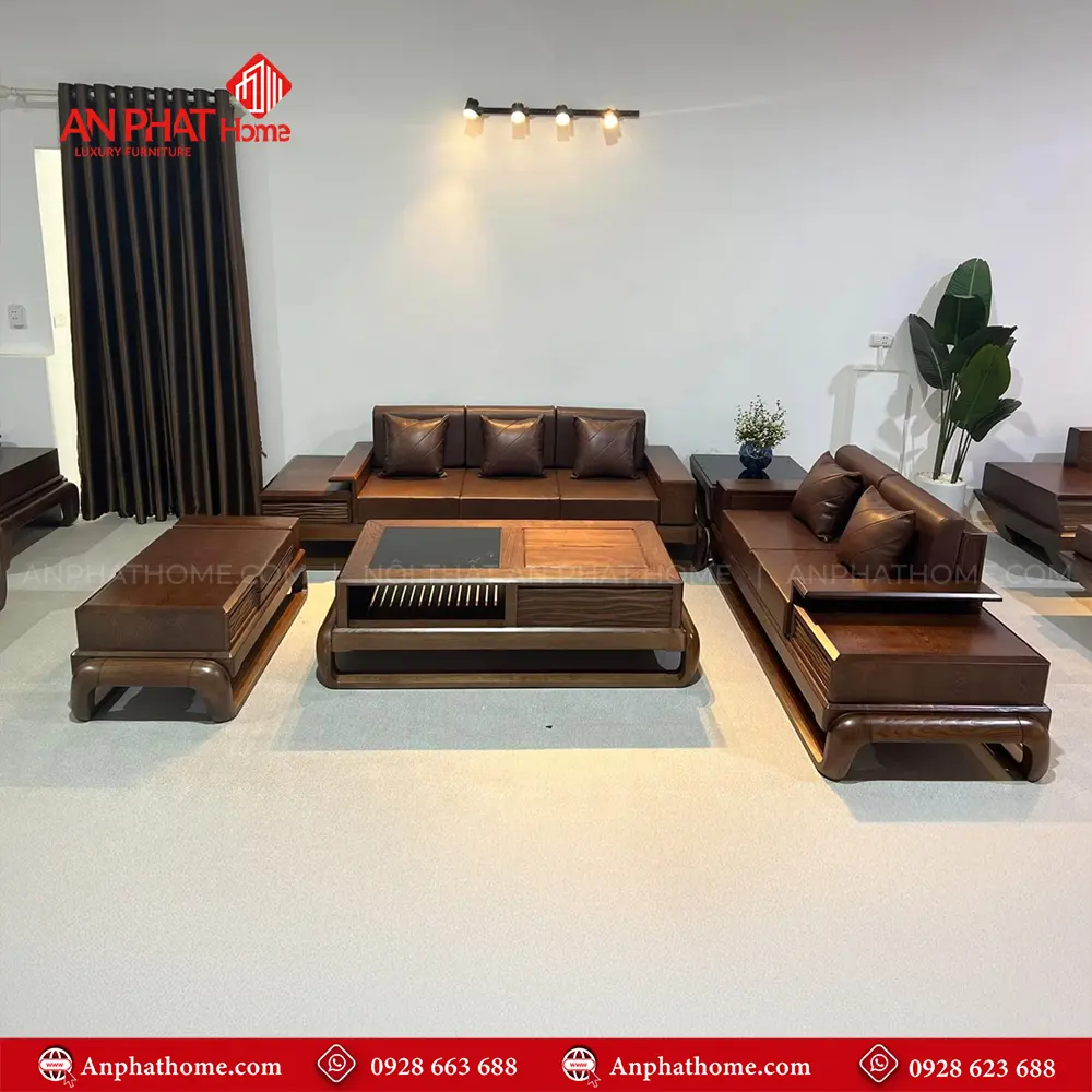 Bộ Bàn Ghế Sofa Gỗ Sồi Hiện Đại F-1323 3 Bộ Bàn Ghế Sofa Gỗ Sồi Hiện Đại F-1323, Được thiết kế sang trọng, Là sự kết hợp hài hòa từ gỗ sồi nga, và nét hiện đại từ chất liệu da nhập khẩu Hàn Quốc, Chi tiết đục của nghệ nhân, tác phẩm sofa gỗ được những nghệ nhân AN PHÁT HOME trạm khắc tỉ mỉ từng đường nét chi tiết hoa văn, mang lại nét đẹp hài hòa cho bộ bàn ghế sofa F-1323