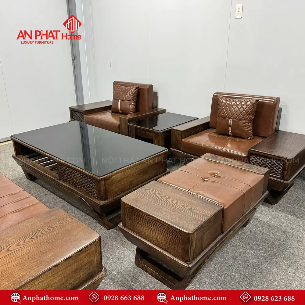 Bộ Bàn Ghế Sofa Gỗ Sồi Hiện Đại F-1360 8 Bàn ghế sofa, Bàn ghế gỗ, AN PHÁT HOME, được thiết kế hiện đại, sang trọng, kết hợp bộ đệm da được nhâpk khẩu trực tiếp tại Hàn Quốc, Bộ sofa đẹp sẽ là linh hồn của phòng khách