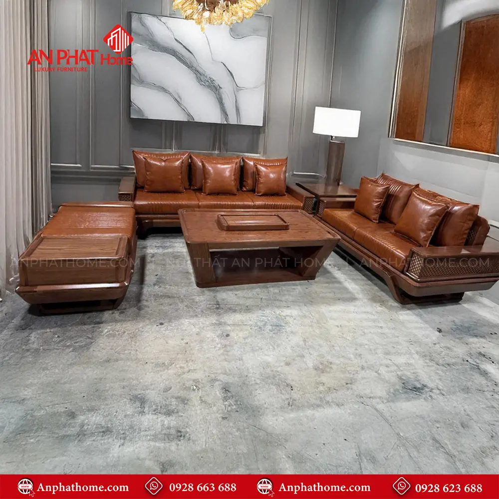 Bộ Bàn Ghế Sofa Gỗ Sồi Nga Cao Cấp F-1319 3 Bộ Bàn Ghế Sofa Gỗ Sồi Nga Cao Cấp F-1319, Được thiết kế sang trọng, Là sự kết hợp hài hòa từ gỗ Hương đá, và nét hiện đại từ chất liệu da nhập khẩu Hàn Quốc, Chi tiết đục của nghệ nhân, tác phẩm sofa gỗ được những nghệ nhân AN PHÁT HOME trạm khắc tỉ mỉ từng đường nét chi tiết hoa văn, mang lại nét đẹp hài hòa cho bộ bàn ghế sofa F-1319