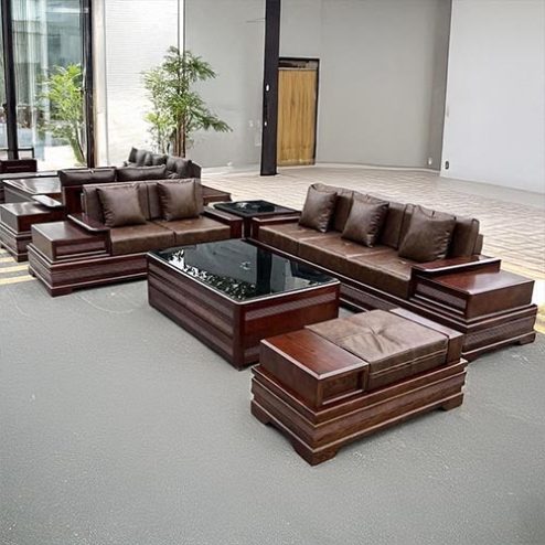 Bộ Bàn Ghế Sofa Gỗ Sồi Nga Sơn Màu Óc Chó Sang Trọng F-1330