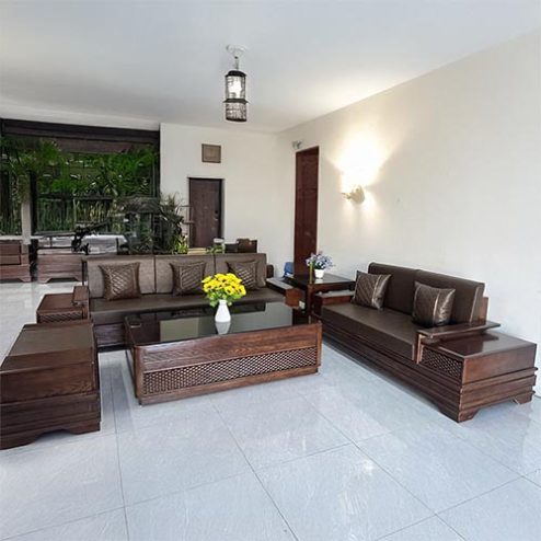 Bộ Bàn Ghế Sofa Góc Gỗ Sồi Bọc Da Hiện Đại F-1302