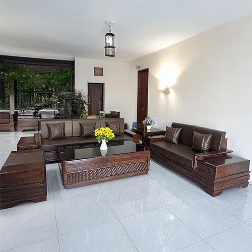 Bộ Bàn Ghế Sofa Góc Gỗ Sồi Bọc Da Hiện Đại F-1302