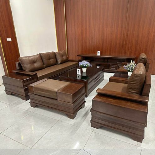 Bộ Sofa Gỗ Sồi Mẫu Đối Xứng Sơn Màu Óc Chó Hiện Đại F-1307