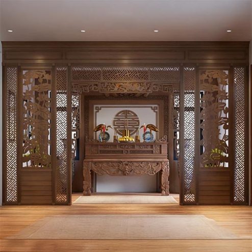 Cửa Võng Phòng Thờ Kết Hợp Vách Ốp Sau VN-4386