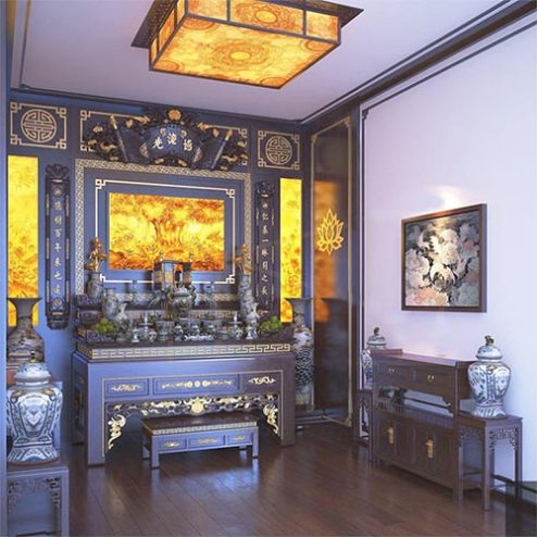 Không Gian Thờ Đẹp Với Bàn Thờ Tam Cấp Dát Vàng BT-2448