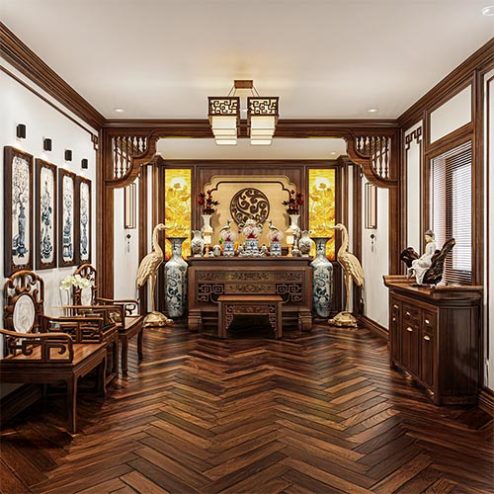 Không Gian Thờ Kết Hợp Vách Ốp Và Tranh Trúc Chỉ BT-2451