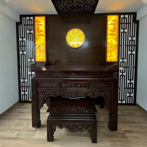 Mẫu Phòng Thờ Gia Tiên Gỗ Gụ Kết Hợp Vách MDF BT-2567