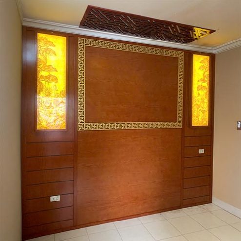 Mẫu Vách Ốp Phòng Thờ Kết Hợp Tranh Trúc Chỉ VN-4360