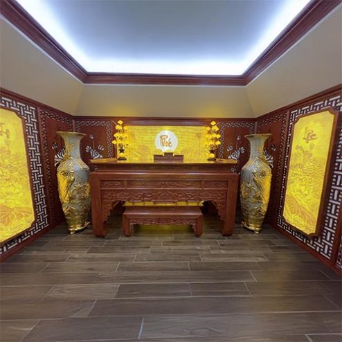 Mẫu Vách Phòng Thờ Biệt Thự Kết Hợp Tranh Trúc Chỉ VN-4365