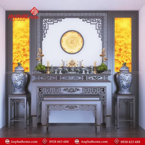Phòng Thờ Đẹp Kết Hợp Vách Ốp MDF Và Tranh Trúc Chỉ BT-2596