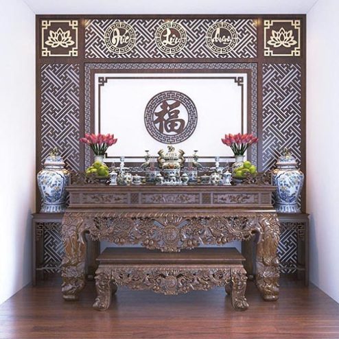 Sập Thờ Tứ Linh Kết Hợp Vách Ốp Phòng Thờ BT-2442