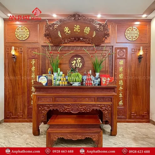 Vách Ốp Phòng Thờ Gỗ Hương Đá Thiết Kế Đẹp VN-4413