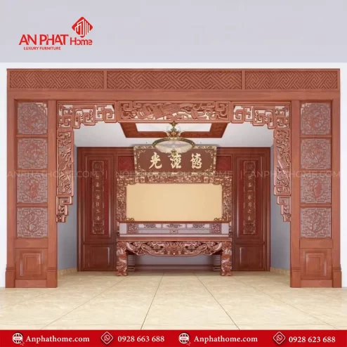 Vách Ốp Phòng Thờ Kết Hợp Cửa Vách Gỗ Hương Đá VN-4369
