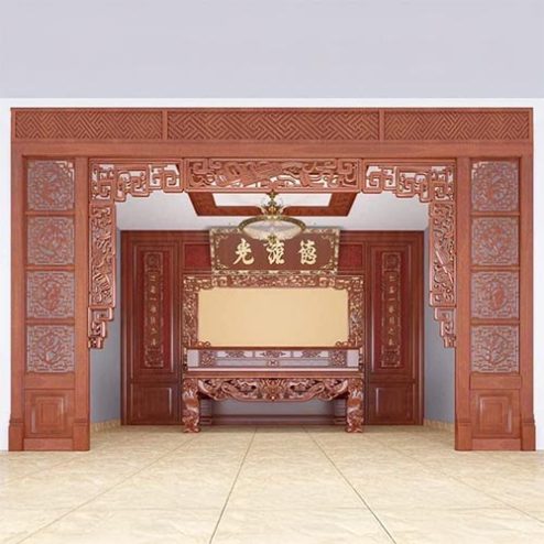 Vách Ốp Phòng Thờ Kết Hợp Cửa Vách Gỗ Hương Đá VN-4369