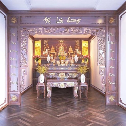 Vách Phòng Thờ Gỗ Gụ Dát Vàng Hiện Đại VN-4422