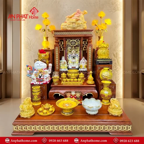 Bàn Thần Tài Cao Cấp Đủ Đồ Thờ Men Gấm Vàng BT-2735