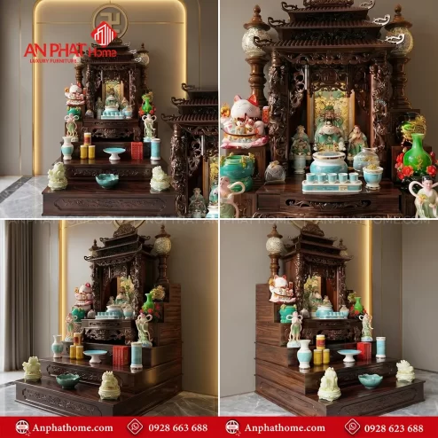 Bàn Thờ Thần Tài 3 Mái Kết Hợp Bệ Tam Cấp Gỗ Sồi Đủ Đồ Thờ BT-2714