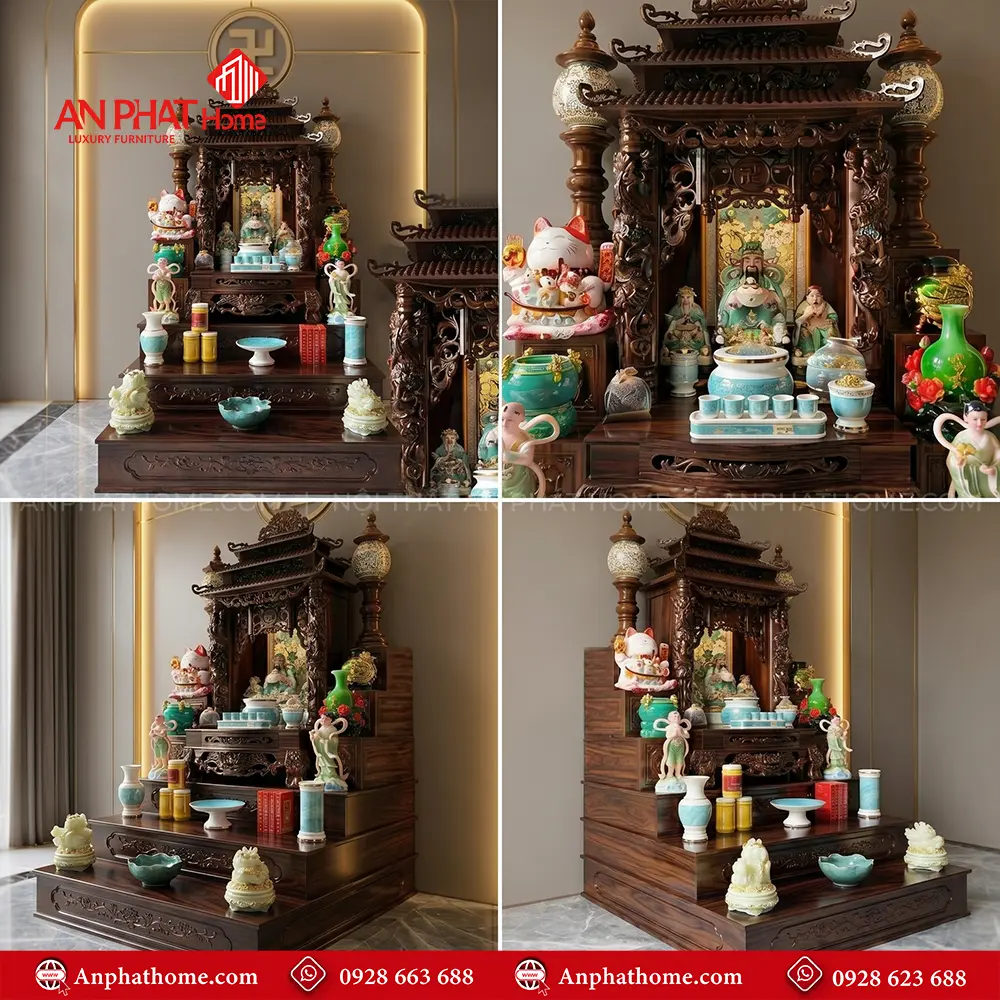 Bàn Thờ Thần Tài 3 Mái Kết Hợp Bệ Tam Cấp Gỗ Sồi Đủ Đồ Thờ BT-2714