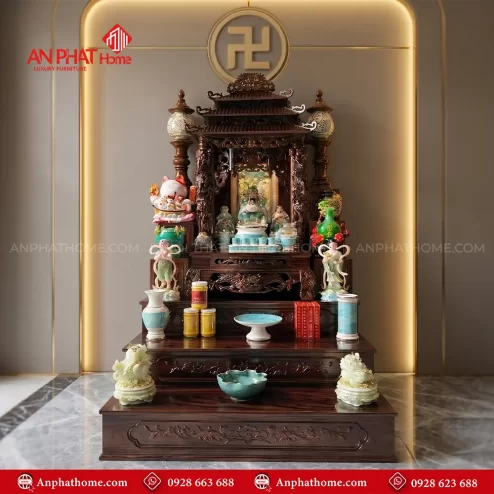 Bàn Thờ Thần Tài 3 Mái Kết Hợp Bệ Tam Cấp Gỗ Sồi Đủ Đồ Thờ BT-2714