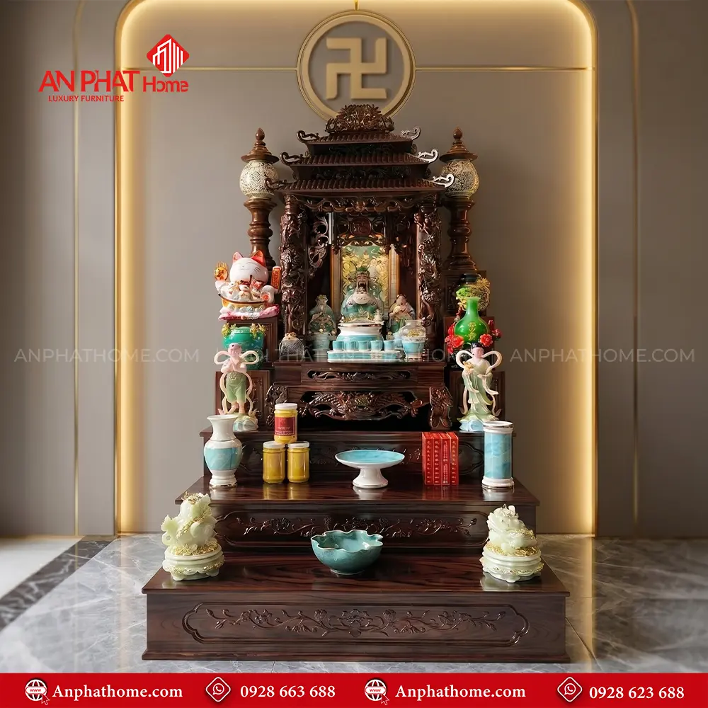 Bàn Thờ Thần Tài 3 Mái Kết Hợp Bệ Tam Cấp Gỗ Sồi Đủ Đồ Thờ BT-2714