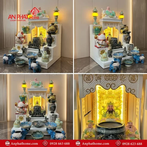 Bàn Thờ Thần Tài Đẹp Đồ Thờ Bát Tràng Đắp Nổi Xanh BT-2715