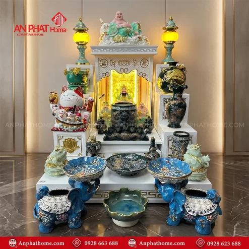 Bàn Thờ Thần Tài Đẹp Đồ Thờ Bát Tràng Đắp Nổi Xanh BT-2715