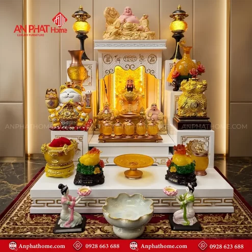 Bàn Thờ Thần Tài Đẹp Mái Bằng Màu Trắng Đồ Thờ Lưu Ly Nhập Khẩu BT-2710