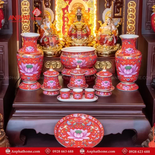 Bàn Thờ Thần Tài Thổ Địa Đẹp Đồ Thờ Gấm Hoa Sen Đỏ Nhập Khẩu BT-2720