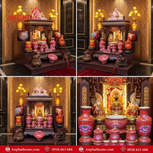Bàn Thờ Thần Tài Thổ Địa Đẹp Đồ Thờ Gấm Hoa Sen Đỏ Nhập Khẩu BT-2720