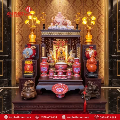 Bàn Thờ Thần Tài Thổ Địa Đẹp Đồ Thờ Gấm Hoa Sen Đỏ Nhập Khẩu BT-2720